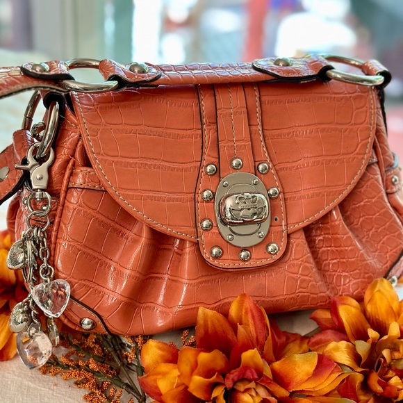 Kathy Van Zeeland Vintage Bag Orange Purse Y2K Faux Croc Charms Buckles - Picture 4 of 12